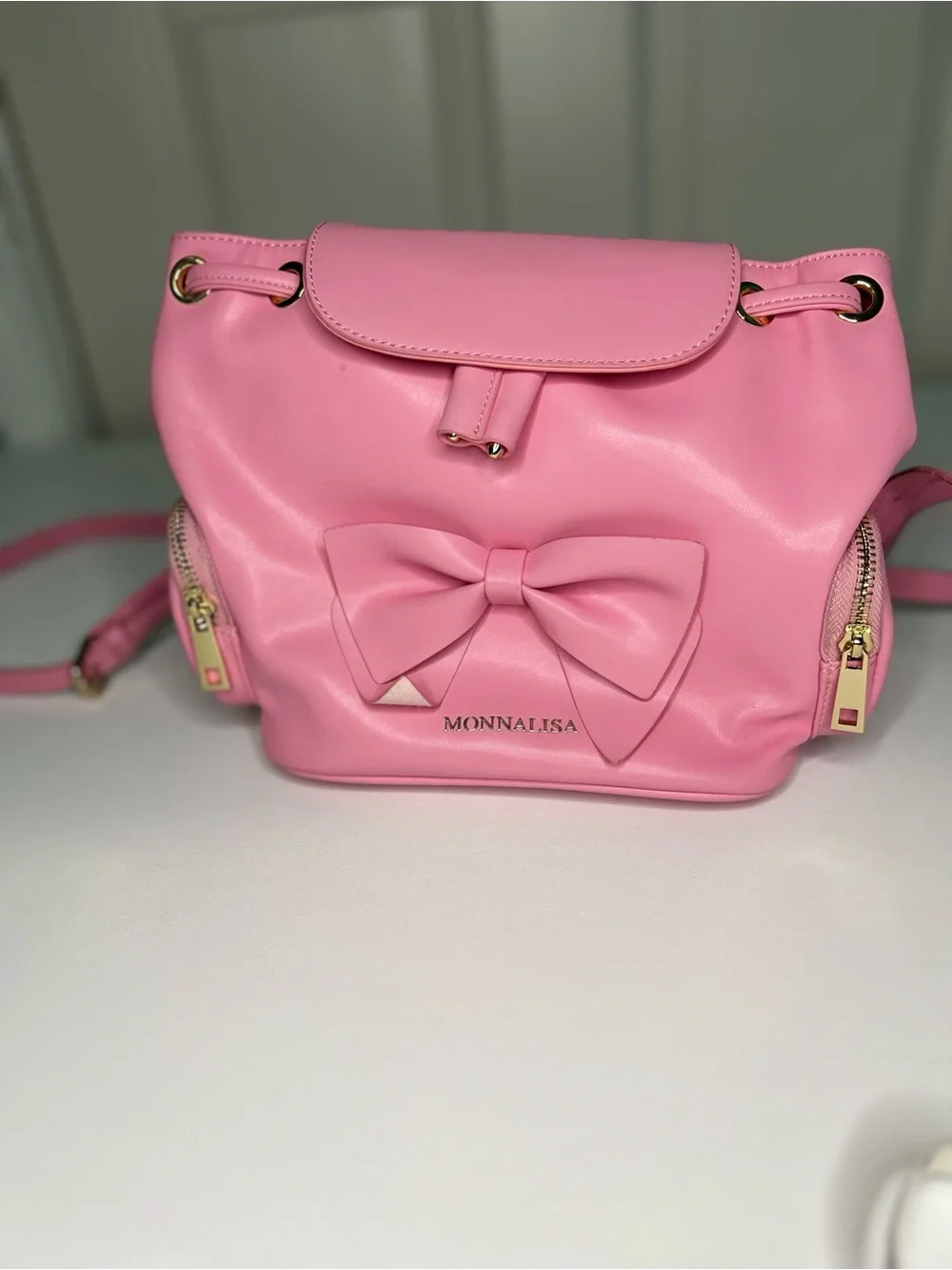 Monnalisa Pink Girls Mini Backpack with Front Bow and Gold Hardware